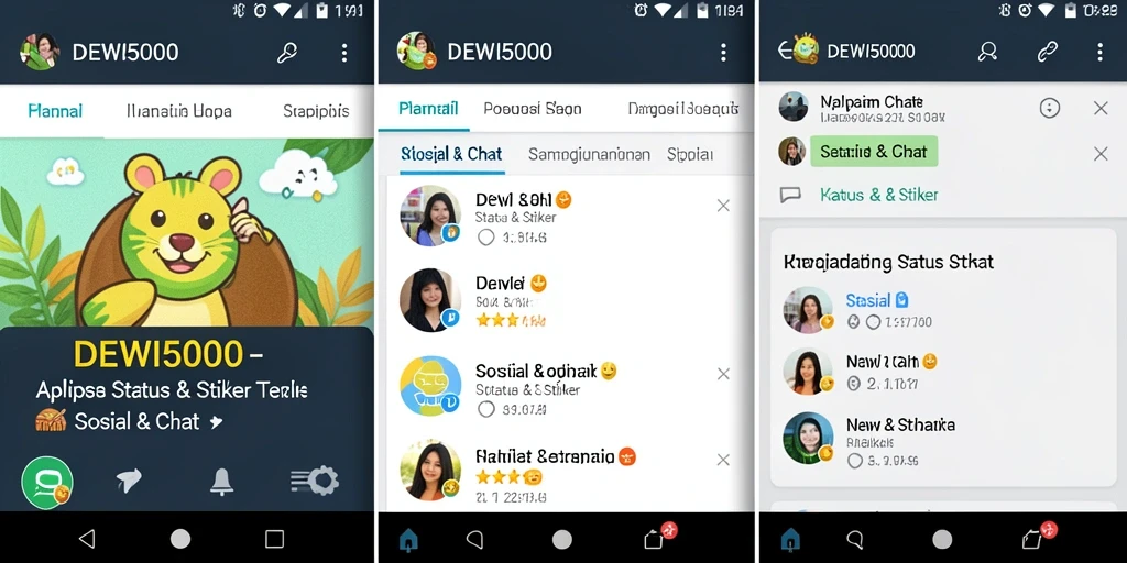 Antarmuka DEWI5000 menampilkan berbagai stiker kreatif dan status menarik.